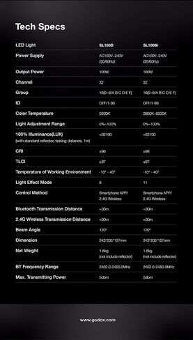Godox SL100D LED Video Light,100W 5600K 32100Lux @1M CRI 96+TLCI 97 | +Bowens Mount Continuous Output Lighting,8 FX Effects 0-100% Brightness Studio Light, Multiple Control Methods in Kuwait