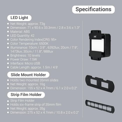 JJC 35mm Slide and Film Digitizing LED Backlight with 10-Level Brightness | CRI 95+, 6700K, Holds 35mm Film Strips & Mounted Slides, with Kickstand & 1/4" Screw Hole, for Negatives Scanning in Kuwait