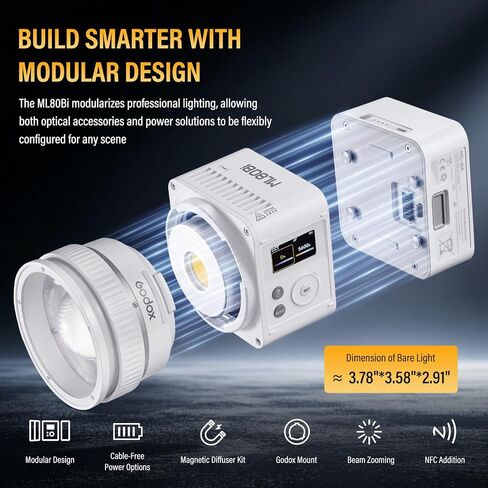GODOX ML80Bi Bi-Color LED Video Light, 29,600 Lux @1m Compact Portable Photography Light, 2800K-6500K, CRI/TLCI 96, Bluetooth APP & NFC Control, with ML-BA Battery & ML-Z Zoom Reflector in Saudi Arabia