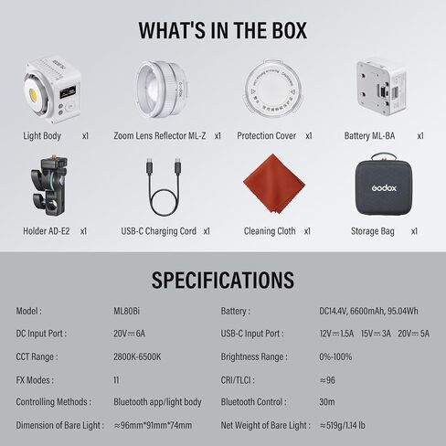 GODOX ML80Bi Bi-Color LED Video Light, 29,600 Lux @1m Compact Portable Photography Light, 2800K-6500K, CRI/TLCI 96, Bluetooth APP & NFC Control, with ML-BA Battery & ML-Z Zoom Reflector in Saudi Arabia