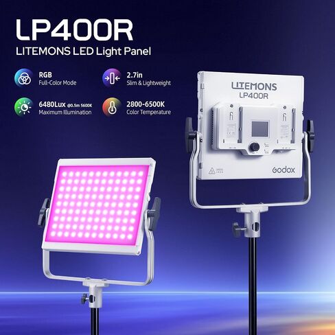 GODOX LITEMONS LP400R RGBW LED Video Light, CCT Bicolor Temperature 1800K-10000K 36W Panel Light with HSI Mode and Gel Mode, 14 FX Light Effects, Continuous Output Lighting Support APP Control in Kuwait