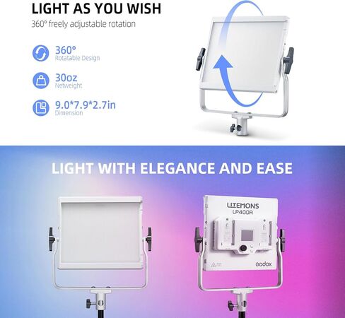 GODOX LITEMONS LP400R RGBW LED Video Light, CCT Bicolor Temperature 1800K-10000K 36W Panel Light with HSI Mode and Gel Mode, 14 FX Light Effects, Continuous Output Lighting Support APP Control in Kuwait