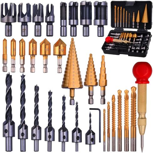 Rocaris 32 Pack Woodworking Chamfer Drilling Tools with Case | Countersink Drill Bits, L-Wrench, Wood Plug Cutter, Step Bit, Center Punch, Cutting Twist Bits in Kuwait