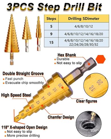Rocaris 32 Pack Woodworking Chamfer Drilling Tools with Case | Countersink Drill Bits, L-Wrench, Wood Plug Cutter, Step Bit, Center Punch, Cutting Twist Bits in Kuwait