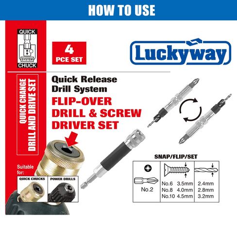 Luckyway Countersink Drill Bit Set #6, #8, #10 for Wood, Drill Counter Sink Flip Drive 3 in 1 Complete Unit Set, Including Philips2 Screw Bits 4-Piece in Kuwait