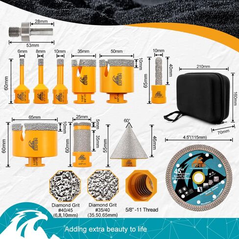 Diamond Tile Hole Saw Kit 12pcs - 6/8/10/25/35/50/65mm Core Drill Bits,10mm Milling Bit and 2" Chamfer Bit with Hex Adapter and 4.5" 2pcs Diamond Blade and for Tile Porcelain Marble in Kuwait