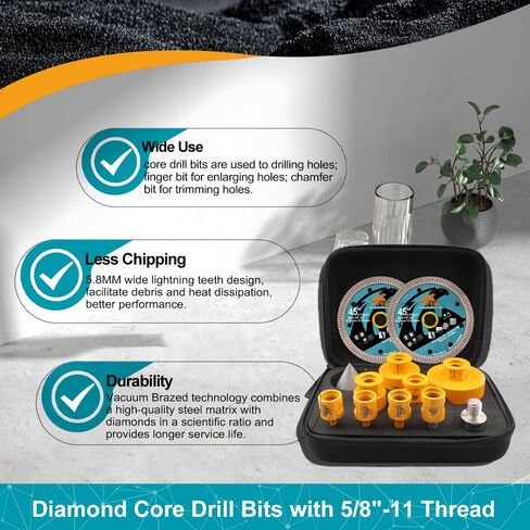 Diamond Tile Hole Saw Kit 12pcs - 6/8/10/25/35/50/65mm Core Drill Bits,10mm Milling Bit and 2" Chamfer Bit with Hex Adapter and 4.5" 2pcs Diamond Blade and for Tile Porcelain Marble in Kuwait