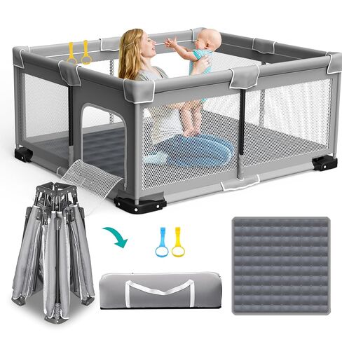 ICAREWAY Foldable Playpen for Babies and Toddlers, 50x50 Inches Portable Playpen, Kids Collapsible Play Pen with 2 Handlers, Indoor & Outdoor Baby Fence Play Area with Visible Mesh, Dark Gray in Kuwait