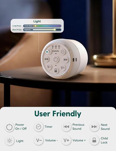 Babelio Pocket Glow White Noise Machine for Travel, 9-Color Light | 20 Non-Looping Sounds, USB-C Rechargeable, Auto-Off Timer, Last-Setting Memory, Compact Pocket Design in Kuwait