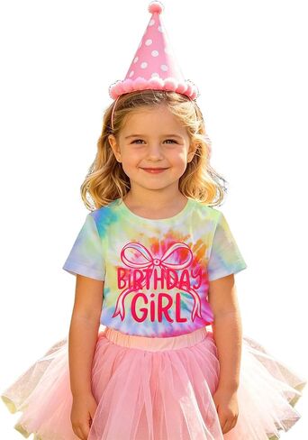 Ritatte Tie Dye Birthday Girl Shirt Rainbow Bow Graphic Tee Kids Birthday Gift Party Photoshoot Outfit Top 1-10Y in Kuwait