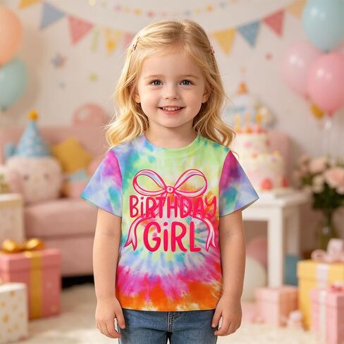 Ritatte Tie Dye Birthday Girl Shirt Rainbow Bow Graphic Tee Kids Birthday Gift Party Photoshoot Outfit Top 1-10Y in Kuwait