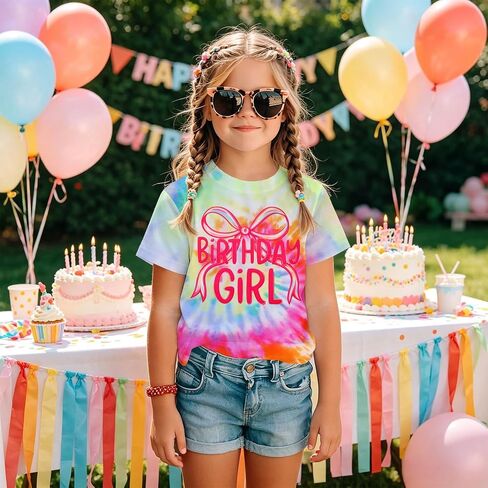Ritatte Tie Dye Birthday Girl Shirt Rainbow Bow Graphic Tee Kids Birthday Gift Party Photoshoot Outfit Top 1-10Y in Kuwait
