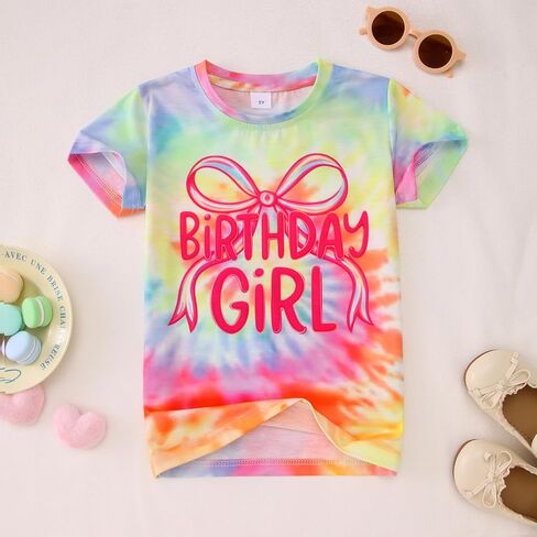 Ritatte Tie Dye Birthday Girl Shirt Rainbow Bow Graphic Tee Kids Birthday Gift Party Photoshoot Outfit Top 1-10Y in Kuwait