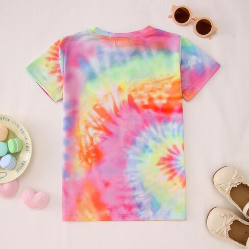 Ritatte Tie Dye Birthday Girl Shirt Rainbow Bow Graphic Tee Kids Birthday Gift Party Photoshoot Outfit Top 1-10Y in Kuwait