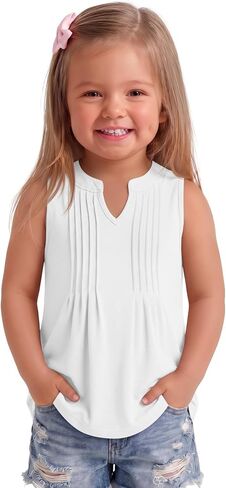 Ficerd Toddler Girls Tank Tops | Baby, Casual, V Neck, Sleeveless Shirts, Pleated Front, Blouse, Curved Hem, Summer, Back to School in Kuwait