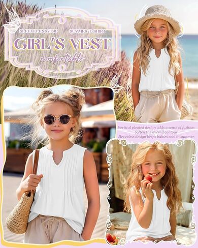 Ficerd Toddler Girls Tank Tops | Baby, Casual, V Neck, Sleeveless Shirts, Pleated Front, Blouse, Curved Hem, Summer, Back to School in Kuwait