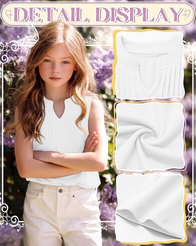 Ficerd Toddler Girls Tank Tops | Baby, Casual, V Neck, Sleeveless Shirts, Pleated Front, Blouse, Curved Hem, Summer, Back to School in Kuwait