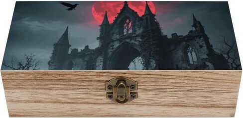 Gothic Ruin Castle Wooden Storage Box with Hinged Lid for Photo | Wood Keepsake Box, Dustproof Storage Box, Decorative Treasure Chest, Memory Box for Crafts Coins Stamps Letters Jewelry in Kuwait