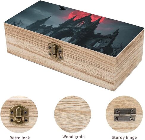Gothic Ruin Castle Wooden Storage Box with Hinged Lid for Photo | Wood Keepsake Box, Dustproof Storage Box, Decorative Treasure Chest, Memory Box for Crafts Coins Stamps Letters Jewelry in Kuwait