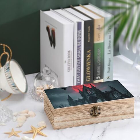 Gothic Ruin Castle Wooden Storage Box with Hinged Lid for Photo | Wood Keepsake Box, Dustproof Storage Box, Decorative Treasure Chest, Memory Box for Crafts Coins Stamps Letters Jewelry in Kuwait