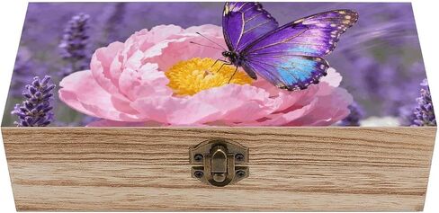 Purple Butterfly Bloom Wooden Storage Box with Hinged Lid for Photo | Wood Keepsake Box, Dustproof Storage Box, Decorative Treasure Chest, Memory Box for Crafts Coins Stamps Letters Jewelry in Kuwait