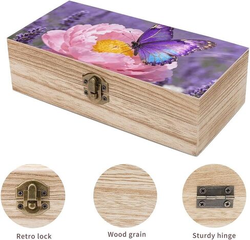 Purple Butterfly Bloom Wooden Storage Box with Hinged Lid for Photo | Wood Keepsake Box, Dustproof Storage Box, Decorative Treasure Chest, Memory Box for Crafts Coins Stamps Letters Jewelry in Kuwait