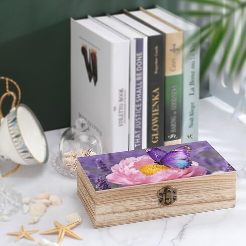 Purple Butterfly Bloom Wooden Storage Box with Hinged Lid for Photo | Wood Keepsake Box, Dustproof Storage Box, Decorative Treasure Chest, Memory Box for Crafts Coins Stamps Letters Jewelry in Kuwait