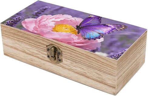 Purple Butterfly Bloom Wooden Storage Box with Hinged Lid for Photo | Wood Keepsake Box, Dustproof Storage Box, Decorative Treasure Chest, Memory Box for Crafts Coins Stamps Letters Jewelry in Kuwait