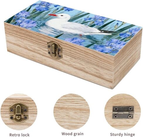 Seagull Iris Flower Wooden Storage Box with Hinged Lid for Photo | Wood Keepsake Box, Dustproof Storage Box, Decorative Treasure Chest, Memory Box for Crafts Coins Stamps Letters Jewelry in Kuwait