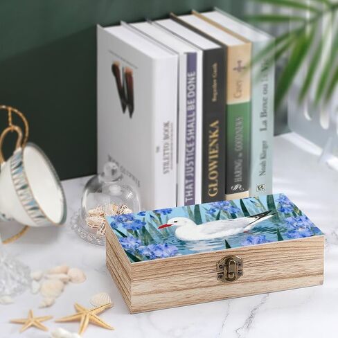 Seagull Iris Flower Wooden Storage Box with Hinged Lid for Photo | Wood Keepsake Box, Dustproof Storage Box, Decorative Treasure Chest, Memory Box for Crafts Coins Stamps Letters Jewelry in Kuwait