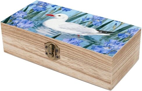 Seagull Iris Flower Wooden Storage Box with Hinged Lid for Photo | Wood Keepsake Box, Dustproof Storage Box, Decorative Treasure Chest, Memory Box for Crafts Coins Stamps Letters Jewelry in Kuwait