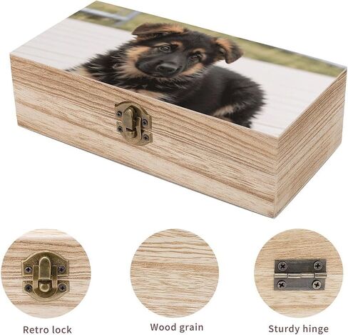 German Shepherd Puppies Wooden Storage Box with Hinged Lid for Photo | Wood Keepsake Box, Dustproof Storage Box, Decorative Treasure Chest, Memory Box for Crafts Coins Stamps Letters Jewelry in Kuwait