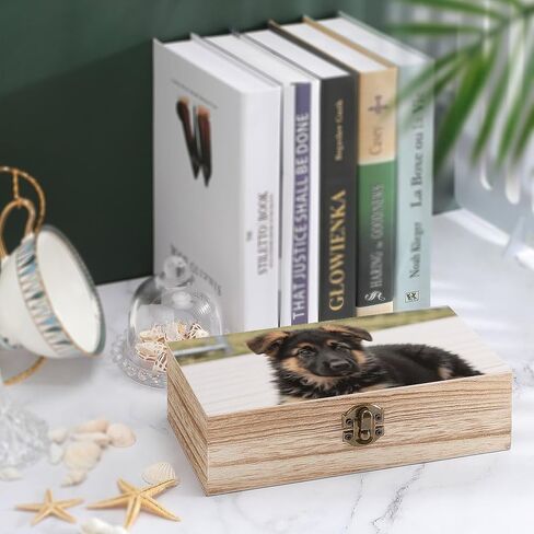 German Shepherd Puppies Wooden Storage Box with Hinged Lid for Photo | Wood Keepsake Box, Dustproof Storage Box, Decorative Treasure Chest, Memory Box for Crafts Coins Stamps Letters Jewelry in Kuwait