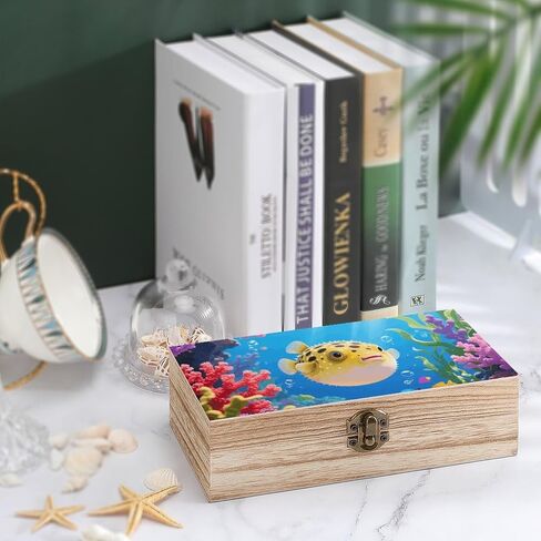 Fish Wooden Storage Box with Hinged Lid for Photo | Wood Keepsake Box, Dustproof Storage Box, Decorative Treasure Chest, Memory Box for Crafts Coins Stamps Letters Jewelry in Kuwait