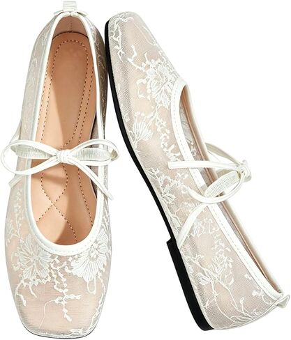 SHENHE Women's Embroidery Lace Mesh Ballet Flats Closed Square Toe Casual Daily Dress Flat Shoes in Kuwait