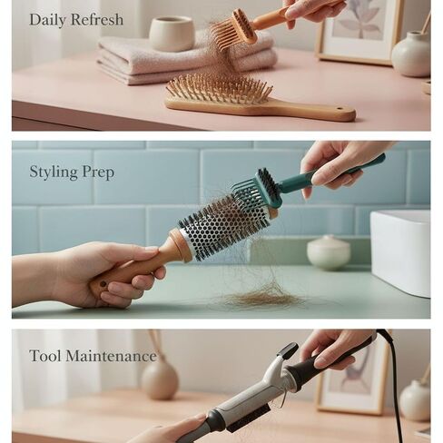 3 Pcs Comb Cleaner Brush Set, Mini Rake Bristle Brush Cleaner with Long Handle, Dual-Ended Hair Dust Build Up Removal Tool, Lightweight PP Hairbrush Cleaning Tool for Home and Travel in Kuwait