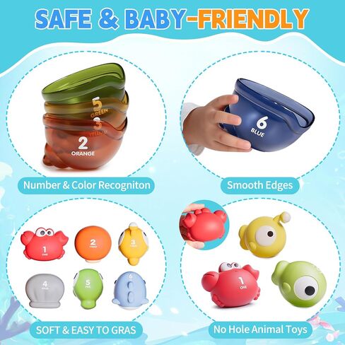 12 PCS No-Hole Matching Bath Toys with Cups 1-3 | 6 Squeezable No-Hole Animals + 6 ABS cups. Match by Color & Number. Stack Teaching Counting & Colors in Kuwait