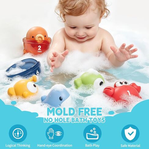 12 PCS No-Hole Matching Bath Toys with Cups 1-3 | 6 Squeezable No-Hole Animals + 6 ABS cups. Match by Color & Number. Stack Teaching Counting & Colors in Kuwait