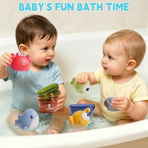 12 PCS No-Hole Matching Bath Toys with Cups 1-3 | 6 Squeezable No-Hole Animals + 6 ABS cups. Match by Color & Number. Stack Teaching Counting & Colors in Kuwait