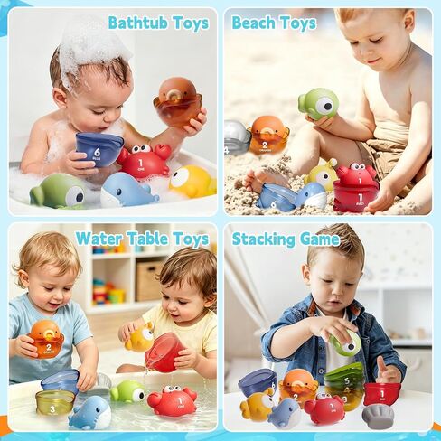 12 PCS No-Hole Matching Bath Toys with Cups 1-3 | 6 Squeezable No-Hole Animals + 6 ABS cups. Match by Color & Number. Stack Teaching Counting & Colors in Kuwait