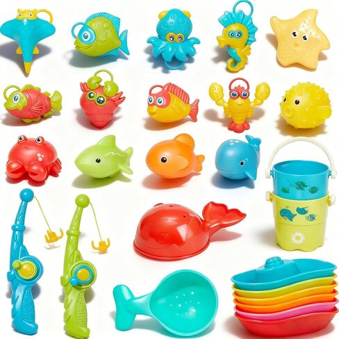 Baby Bath Toys, 26Pcs | Mold Free Bath Toys Toddler 2-4 for Fishing Game Toys | Colorful Water Table Pool Tub Toys for Toddlers & Kids| Floating Fishes Rod Net for Boys & Girls Gift in Kuwait