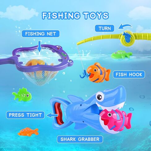 Shark Grabber Baby Bath Toys - Blue Shark with Teeth Biting Action Include 4 Toy Fish - Bath Toys for Kids Ages 4-8 Boys Girls Toddlers Pool Toys (9) in Kuwait