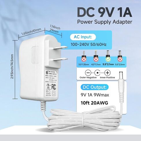 UL Listed 9V 1A 10ft Power Supply Adapter, DC 9W 1000mA Replacement Power Cord for TP-Link Tapo Camera C100 C200 C210 C210-A C310 C310-A C320WS C100/A TC70,T090060-2B1 Replacement Charger-Tip Positive in Kuwait