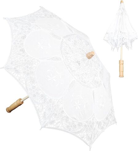 Pssopp Wedding Umbrella Lace Bridal Parasol Handmade Wooden Handle 17.0 X 20.1 in Manual Open White or Beige for Bride Photography Stage Performance Decoration in Kuwait