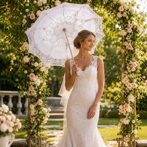 LOGOFUN White Lace Parasol Umbrella Vintage Battenburg Embroidered Bridal for Wedding Photography Props Victorian Gothic Costume Accessories in Kuwait