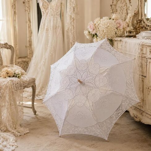 LOGOFUN White Lace Parasol Umbrella Vintage Battenburg Embroidered Bridal for Wedding Photography Props Victorian Gothic Costume Accessories in Kuwait