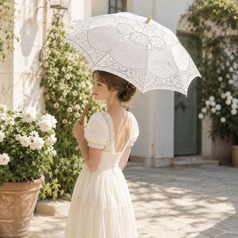 LOGOFUN White Lace Parasol Umbrella Vintage Battenburg Embroidered Bridal for Wedding Photography Props Victorian Gothic Costume Accessories in Kuwait