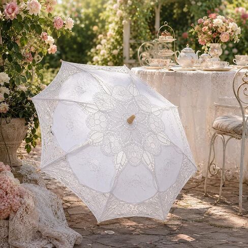 LOGOFUN White Lace Parasol Umbrella Vintage Battenburg Embroidered Bridal for Wedding Photography Props Victorian Gothic Costume Accessories in Kuwait