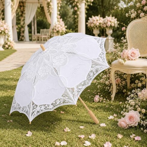 LOGOFUN White Lace Parasol Umbrella Vintage Battenburg Embroidered Bridal for Wedding Photography Props Victorian Gothic Costume Accessories in Kuwait