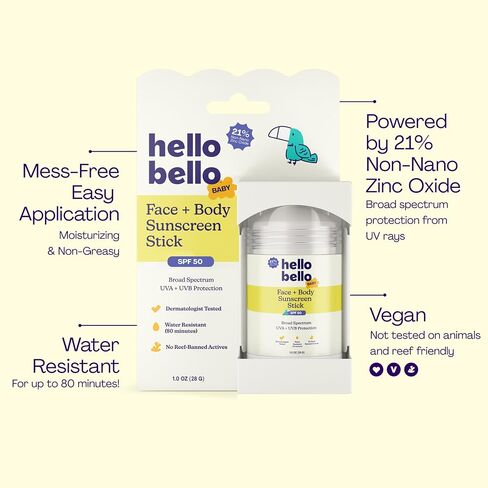 Hello Bello Baby SPF 50 Mineral Face + Body Sunscreen Stick - Water Resistant Broad Spectrum UVA + UVB Sun Protection, 1oz in Kuwait